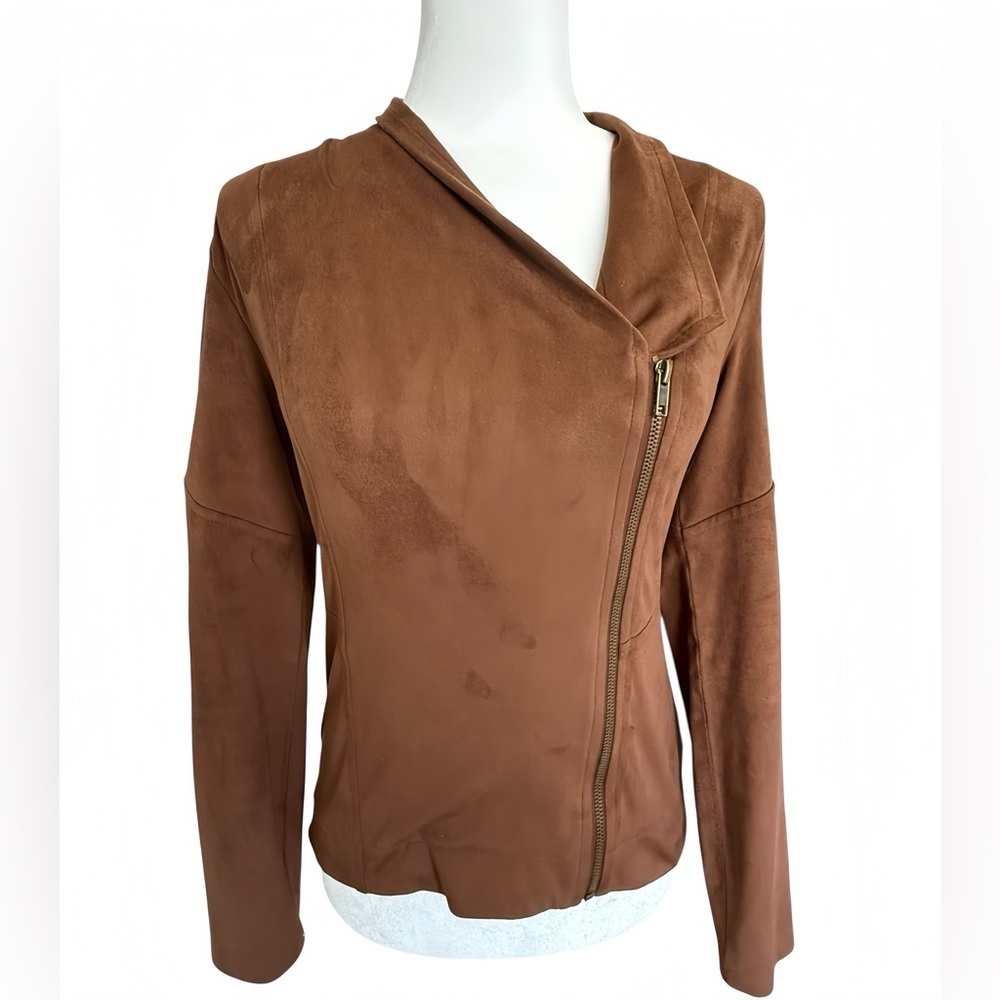 Jessica Simpson Fiona Faux Suede Moto Jacket XS Cognac Brown Asymmetrical Zip - Picture 3 of 10